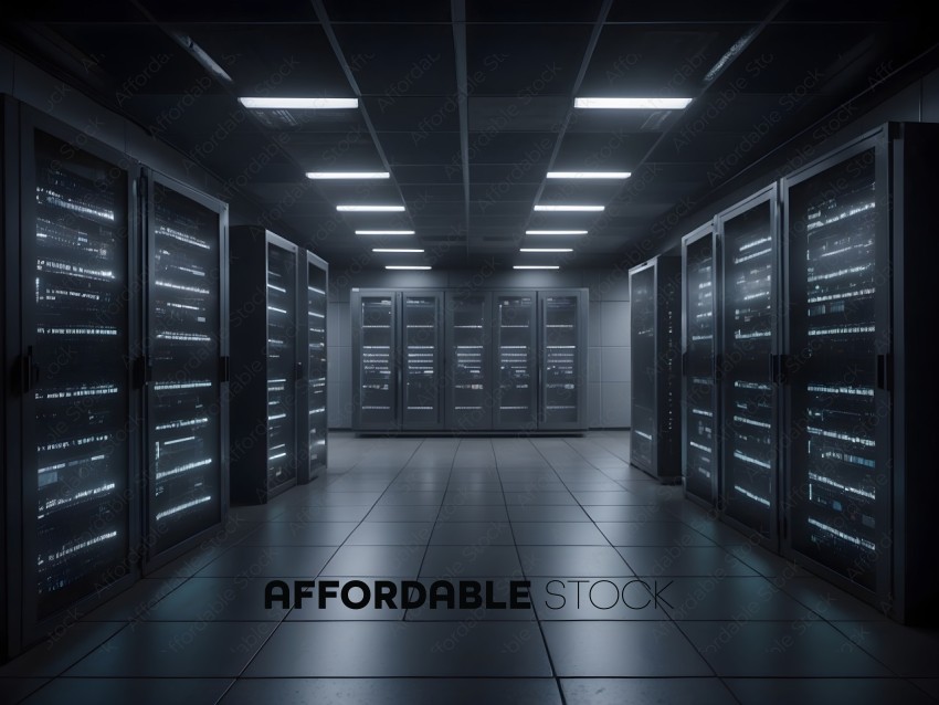 A dark room with a row of servers