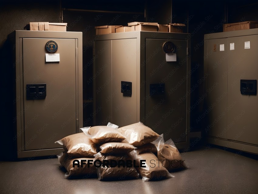 Stacks of brown bags in front of a storage unit