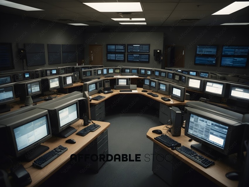 A room full of computer monitors and keyboards