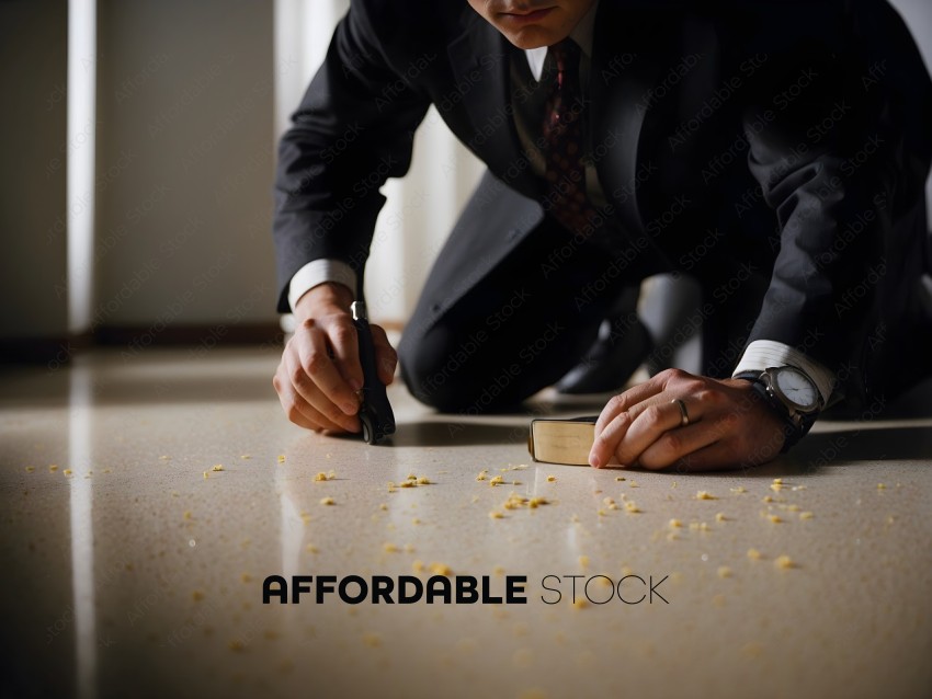 Man in suit crouching down to pick up a piece of food