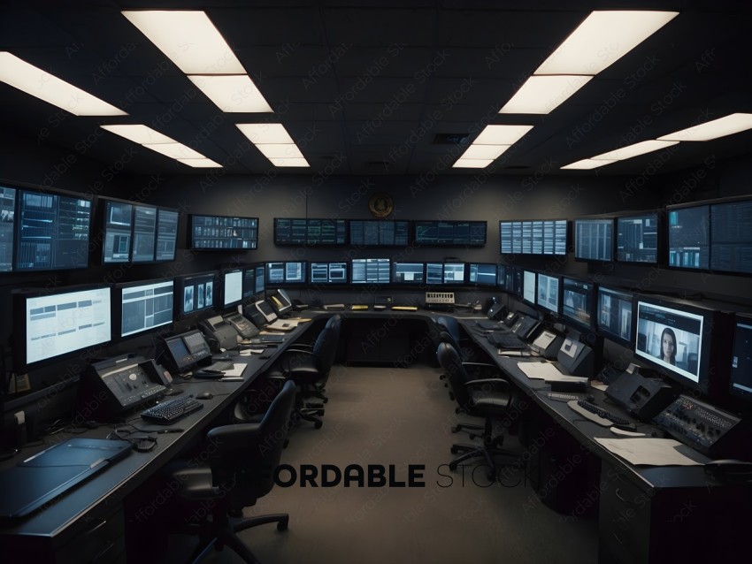 A dark room with a lot of monitors and chairs