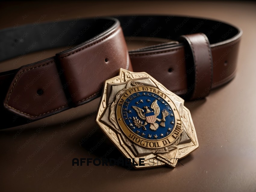 A gold and blue coin with a leather belt