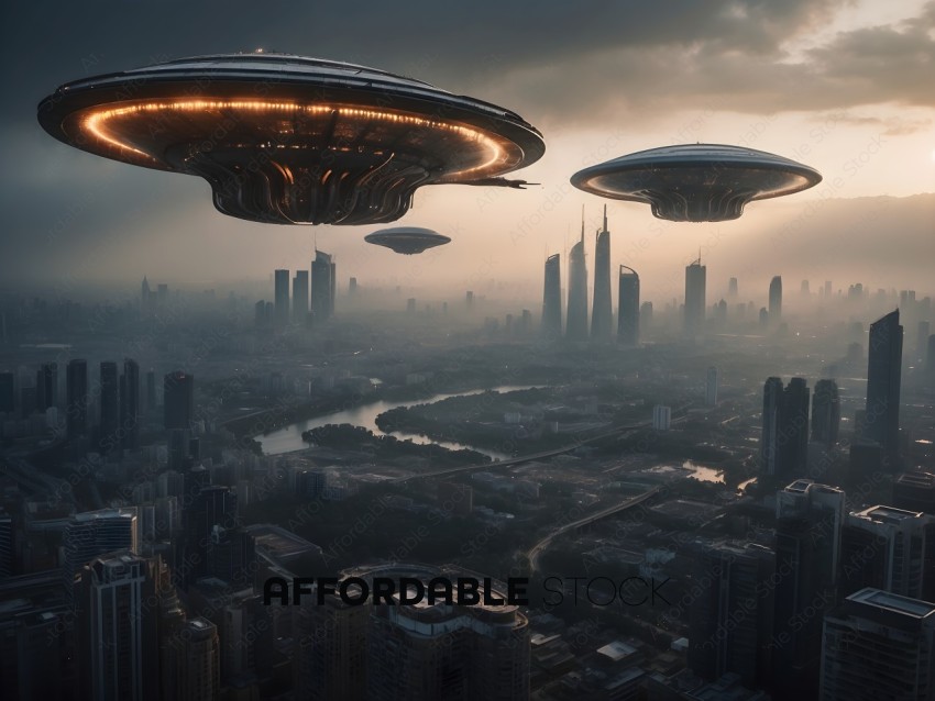 Two UFOs hovering over a city