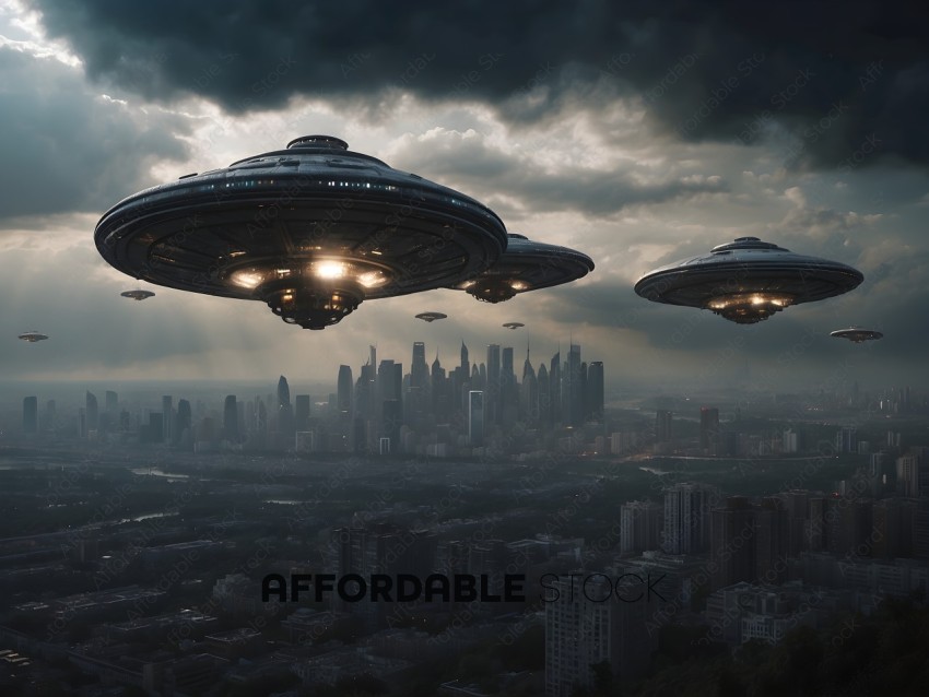 Three UFOs flying over a city