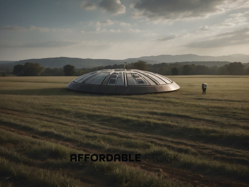 A man standing in a field with a large dome structure