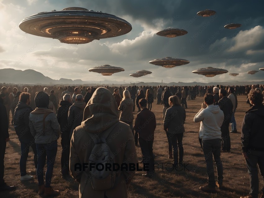 A group of people are standing in a field looking up at flying saucers