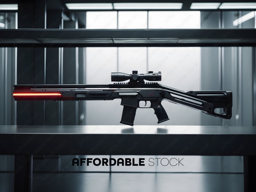 A black rifle with a red light on the bottom