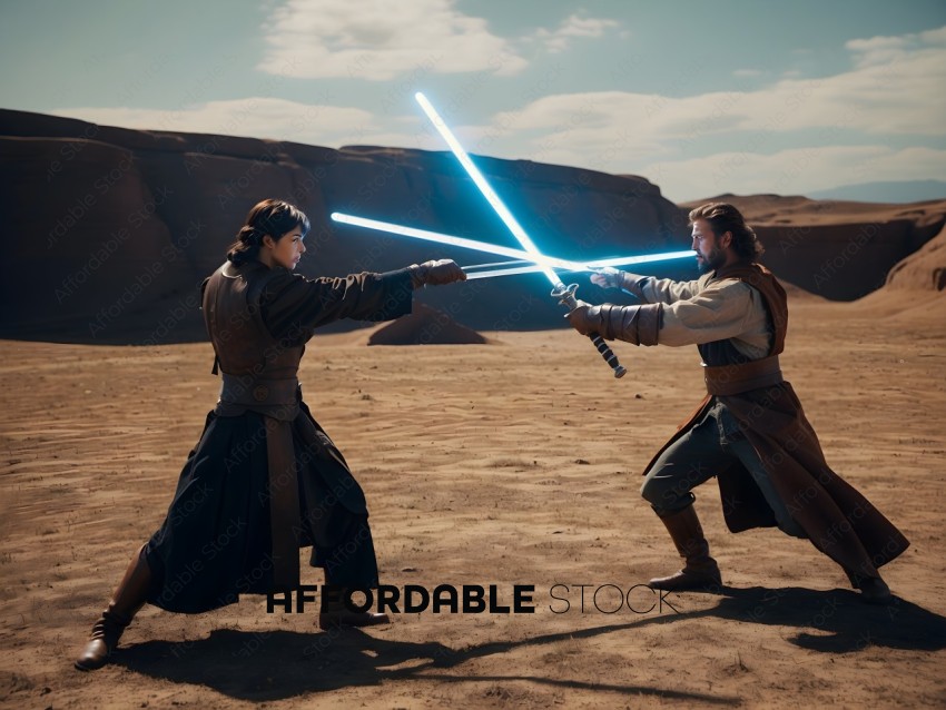 Two people are sword fighting in a desert