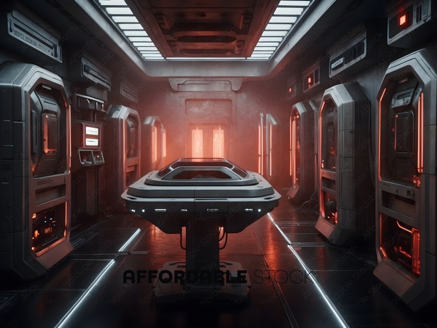 A futuristic room with a large table and a chair
