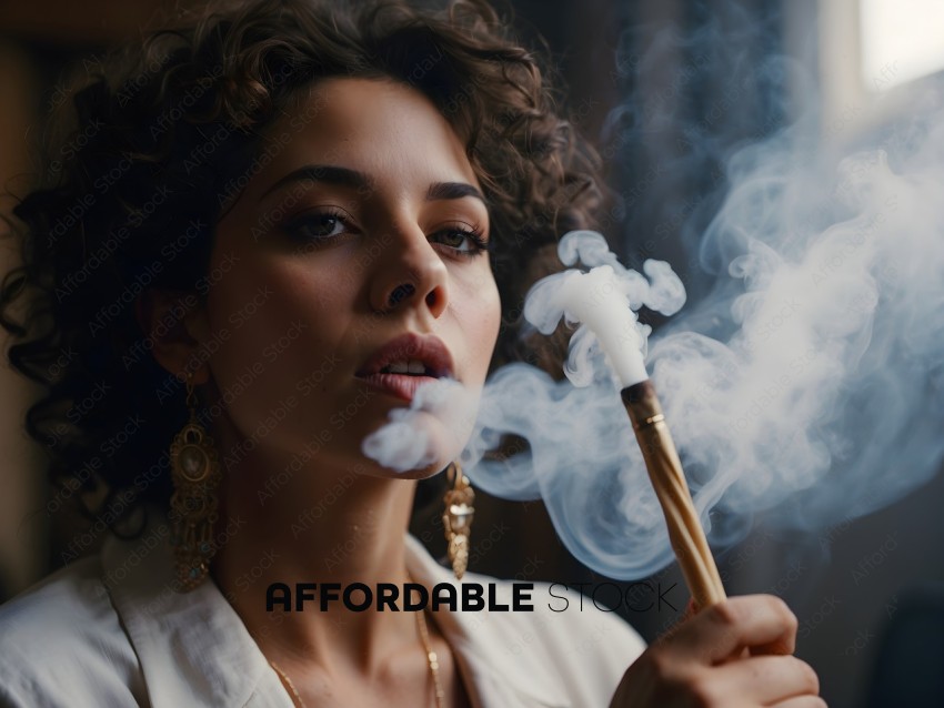 A woman with curly hair blowing smoke from a pipe