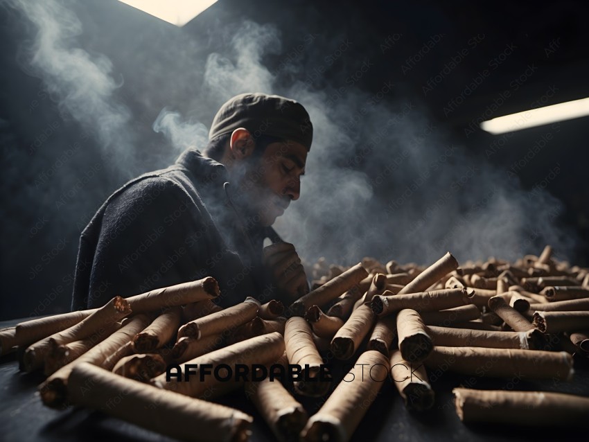 Man smoking a pipe in a factory