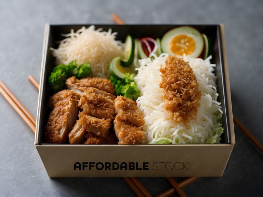A box of food with chicken, rice, and vegetables
