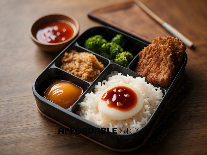 A black square tray with rice, broccoli, and meat