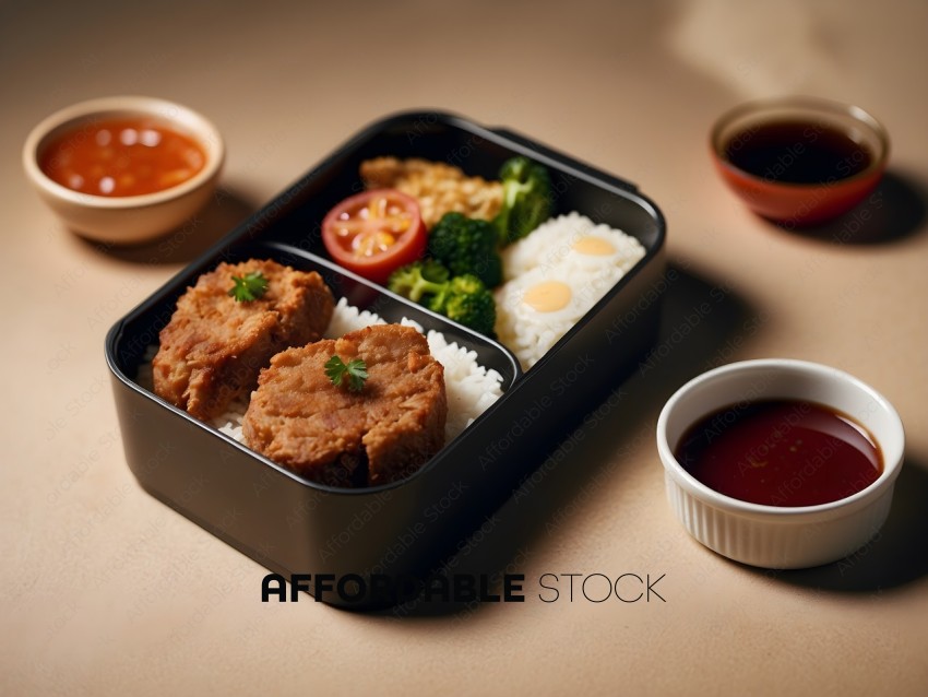 A meal with meat, rice, broccoli, and tomatoes in a black square dish