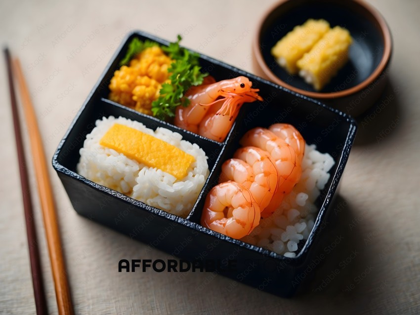 A black square box filled with rice, shrimp, and other foods