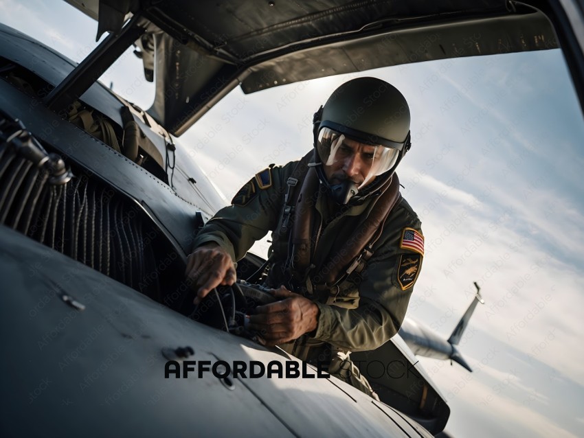 A pilot in a military uniform working on a plane