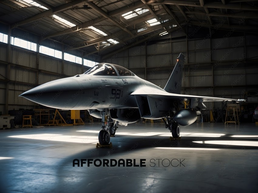 A fighter jet is parked in a hangar