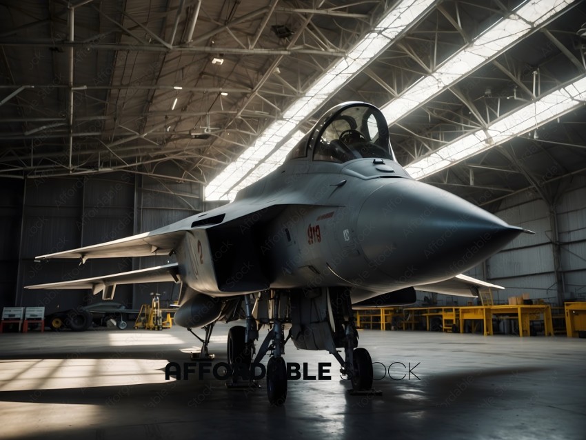 A Jet Fighter Plane in a Hanger