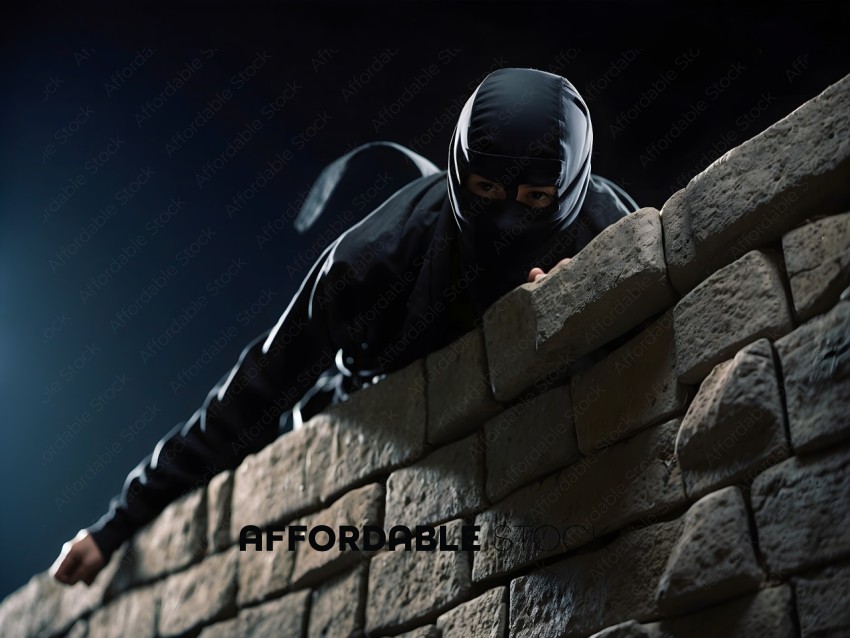 Man in black mask and black outfit hiding behind a brick wall