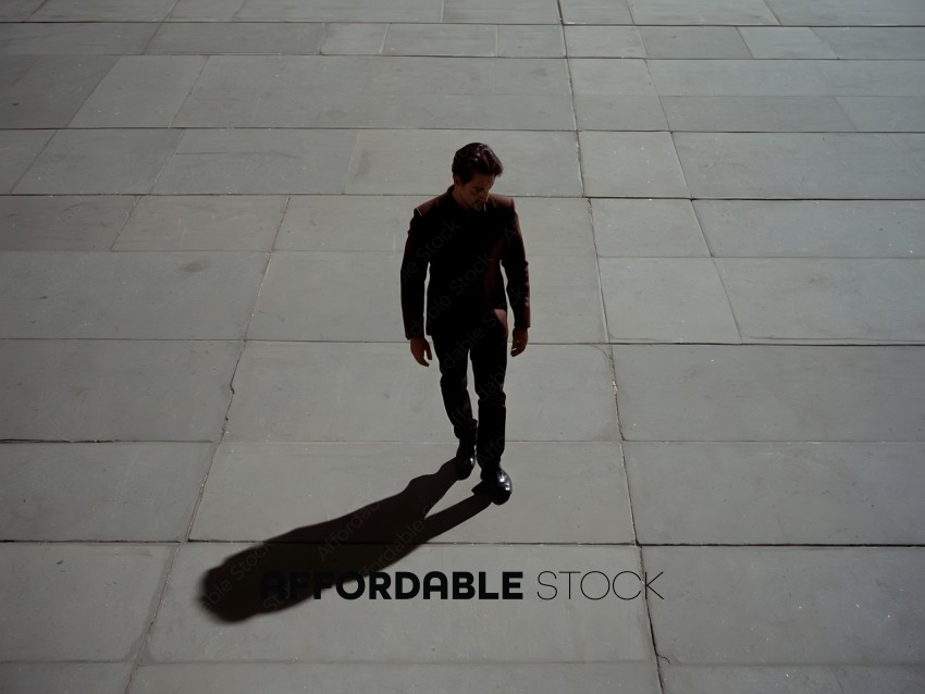 Man in black suit walking on concrete