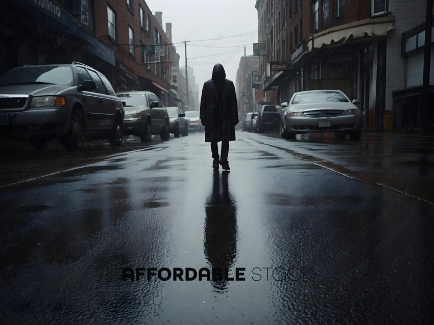 A person in a black cloak walks down a rain-soaked street