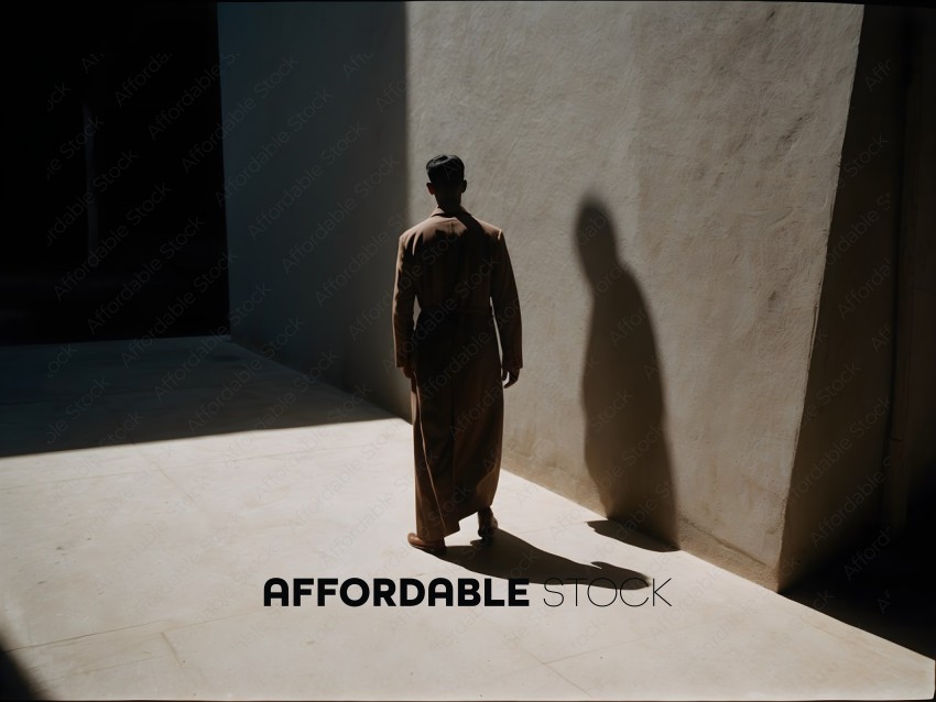 A man in a long robe casts a shadow on a wall