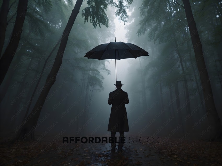 A man in a trench coat walks through a forest with an umbrella