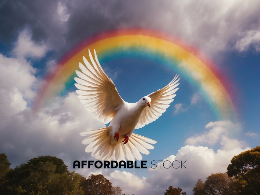 White Bird Flying in the Sky with a Rainbow
