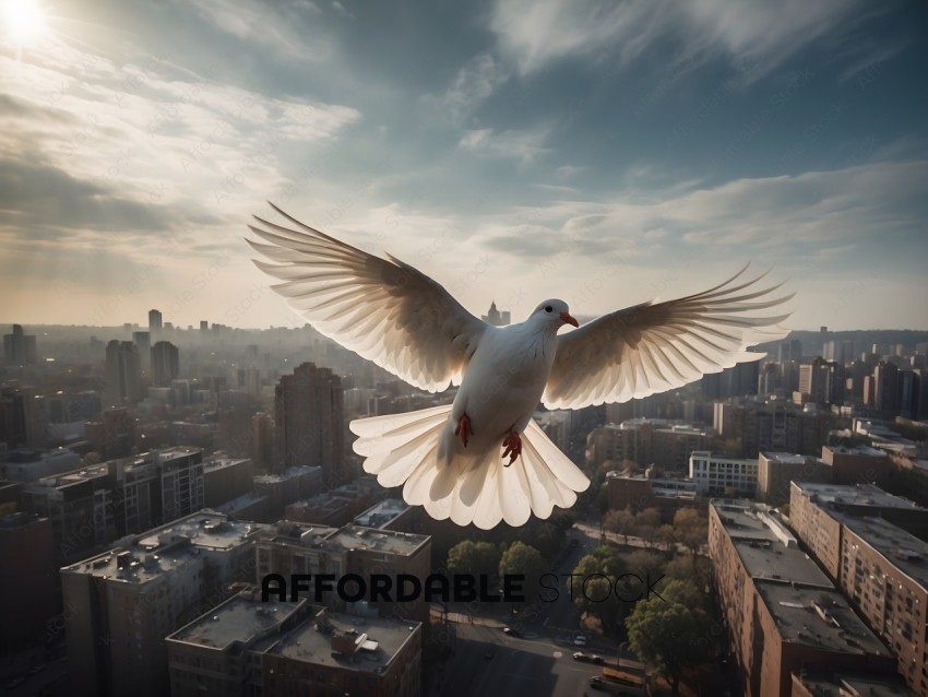 A bird flying over a city with its wings spread wide