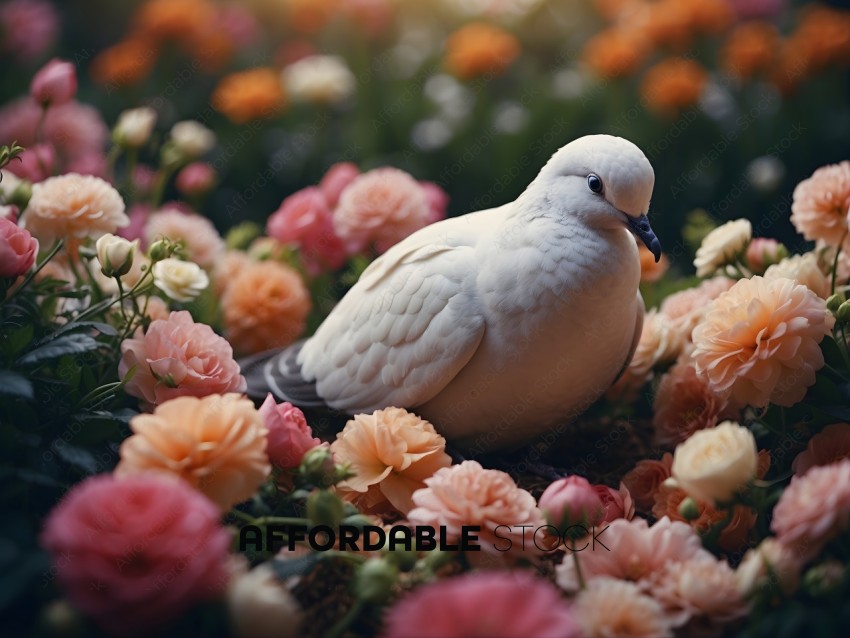A white bird sits in a garden of flowers