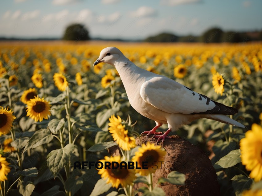 A bird standing on a rock in a field of sunflowers