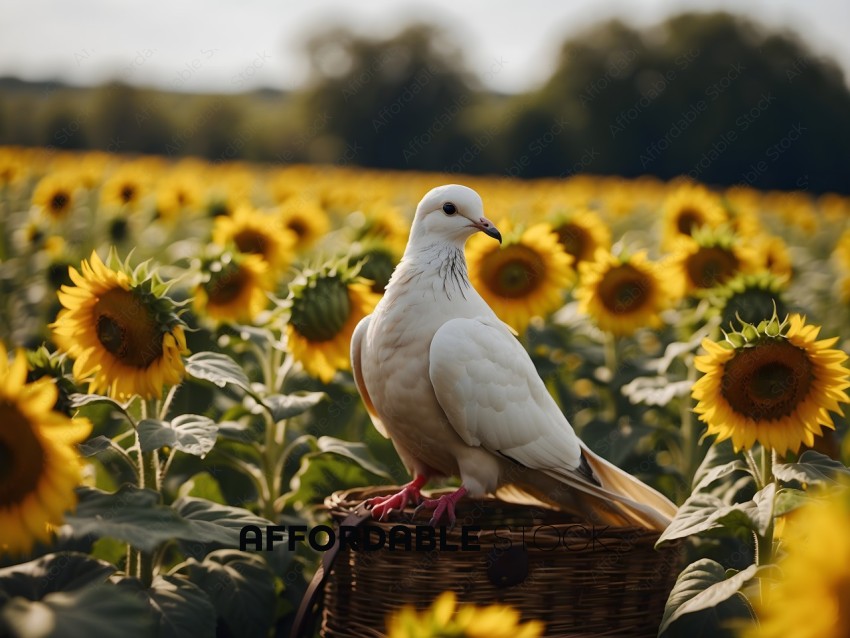 White bird on a wicker basket in a field of sunflowers