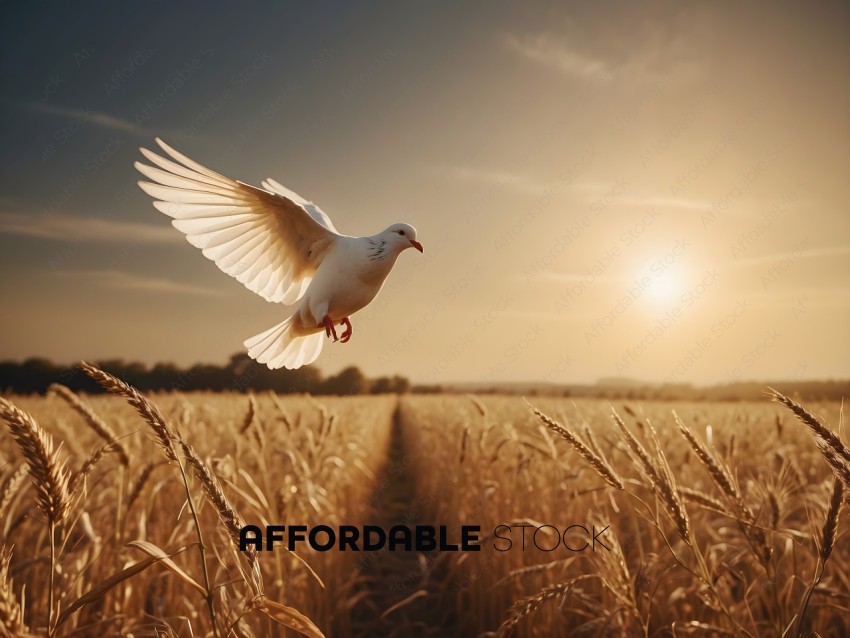 A white bird flies over a field of wheat
