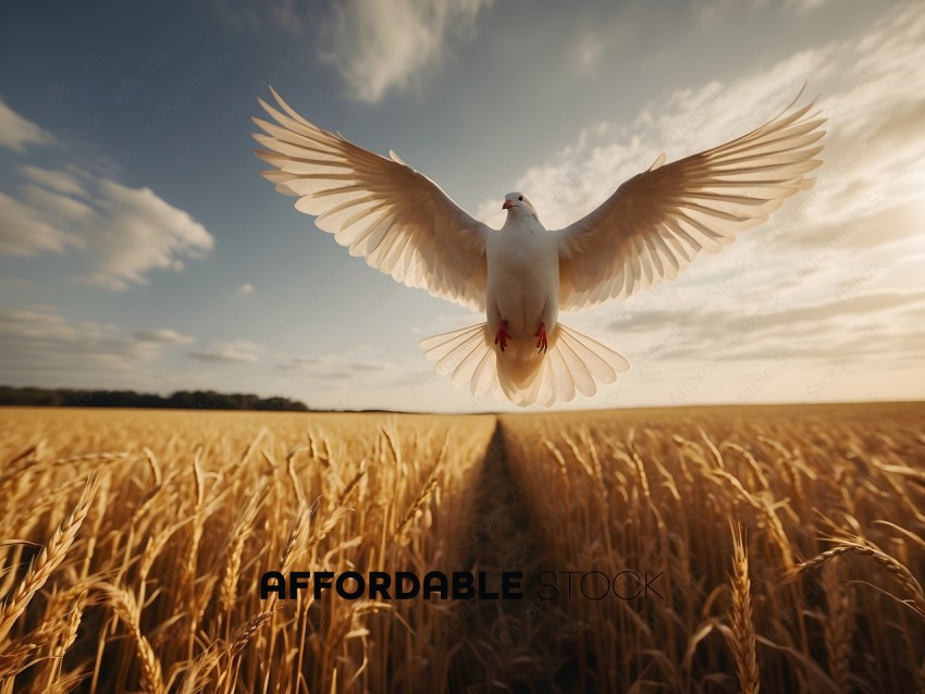 A bird flying over a field of wheat