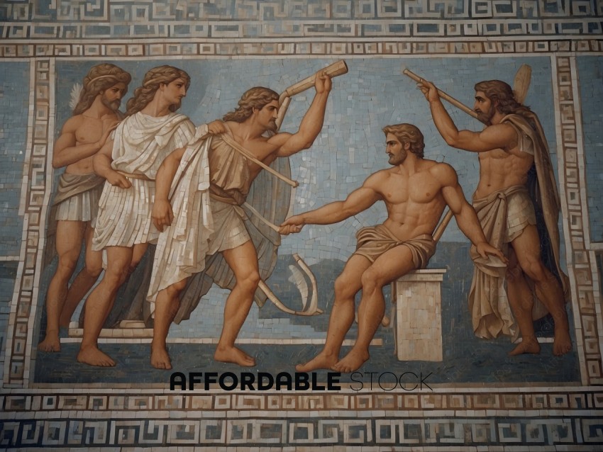 A mural of ancient Greek men with spears