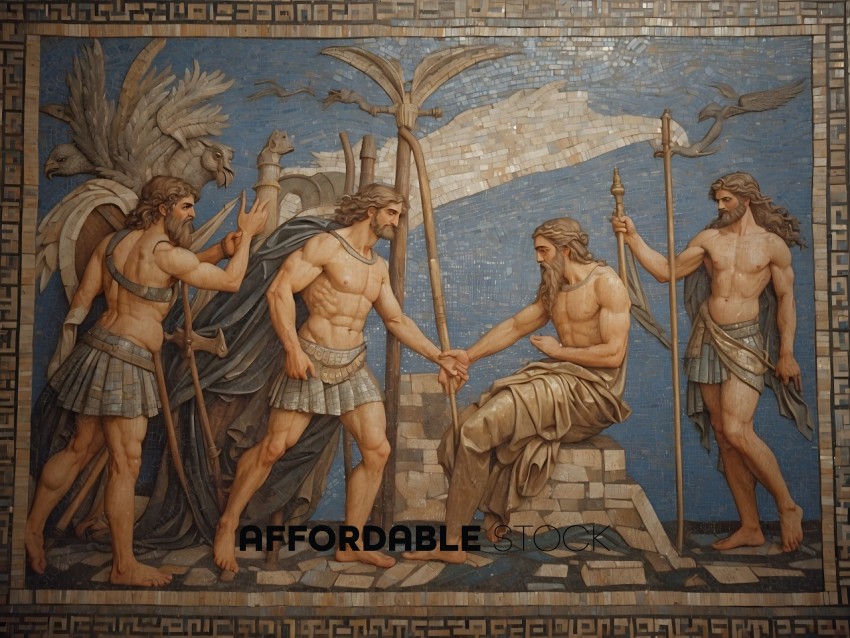 A mosaic of ancient greek men shaking hands