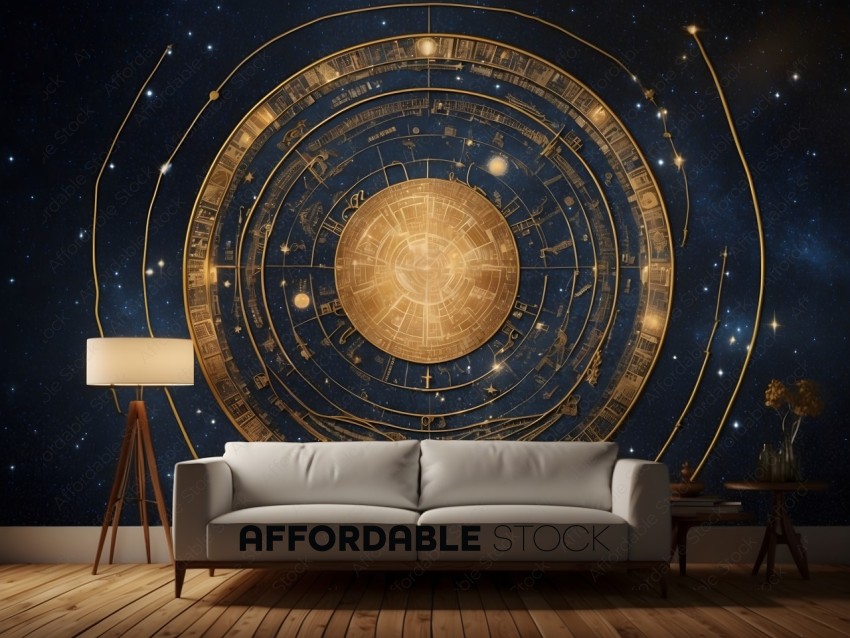 A white couch sits in front of a blue and gold wall mural
