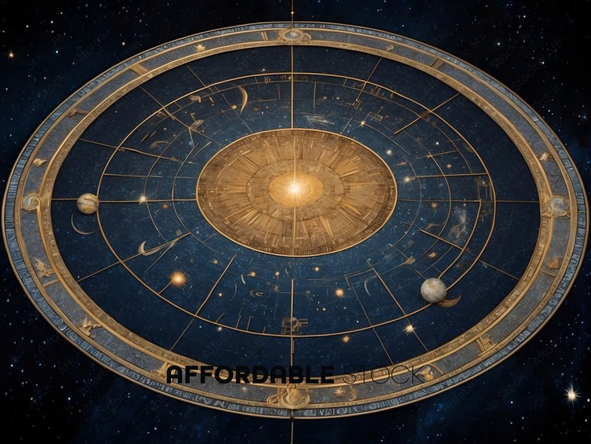 A gold and blue celestial map with a star in the center