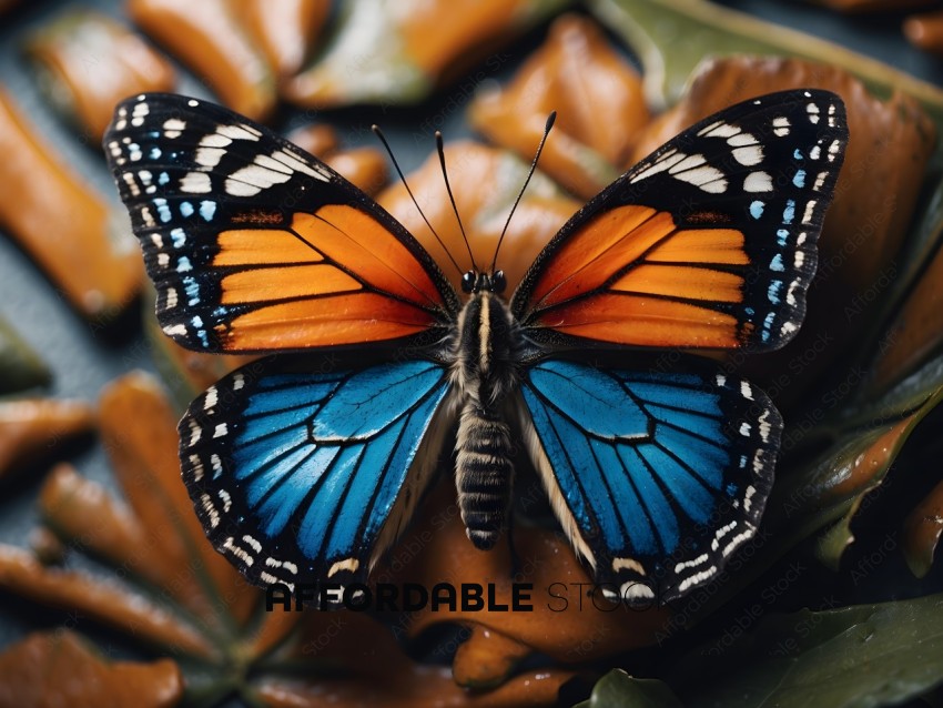 A butterfly with blue, orange, and black wings