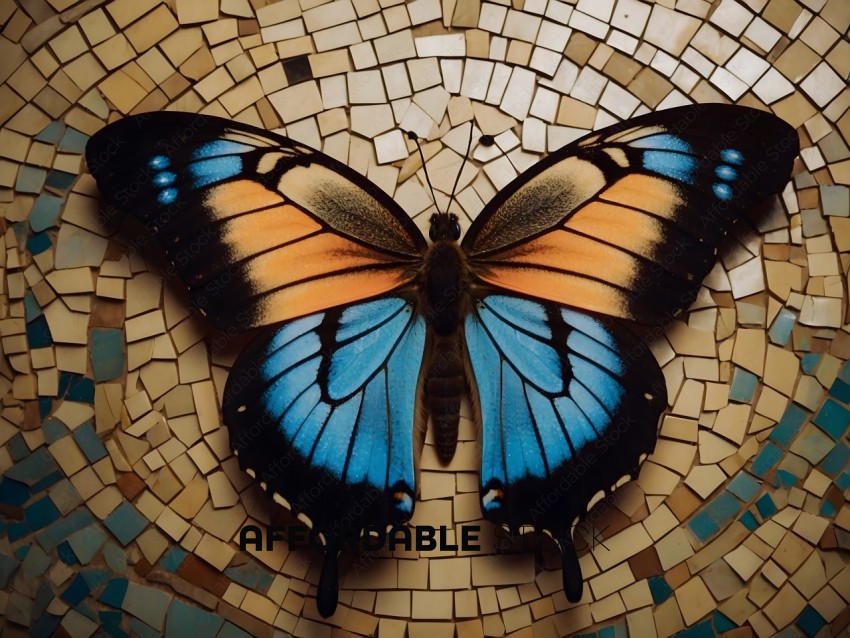 A butterfly with blue, orange, and black wings
