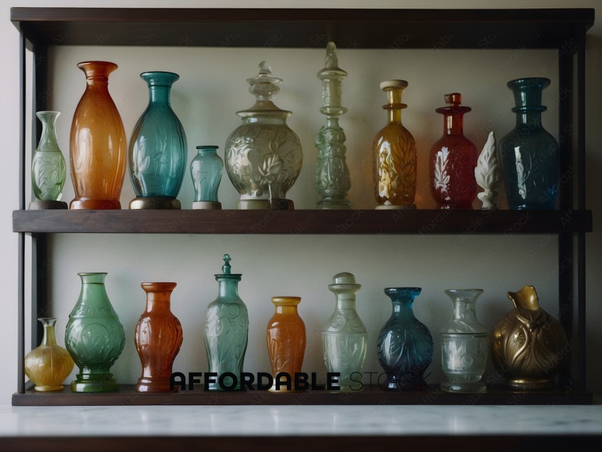 Vases of various colors and shapes on a shelf