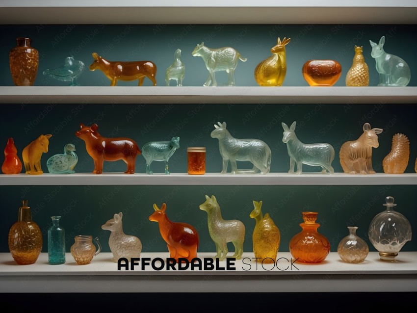 A collection of glass animals and vases on a shelf