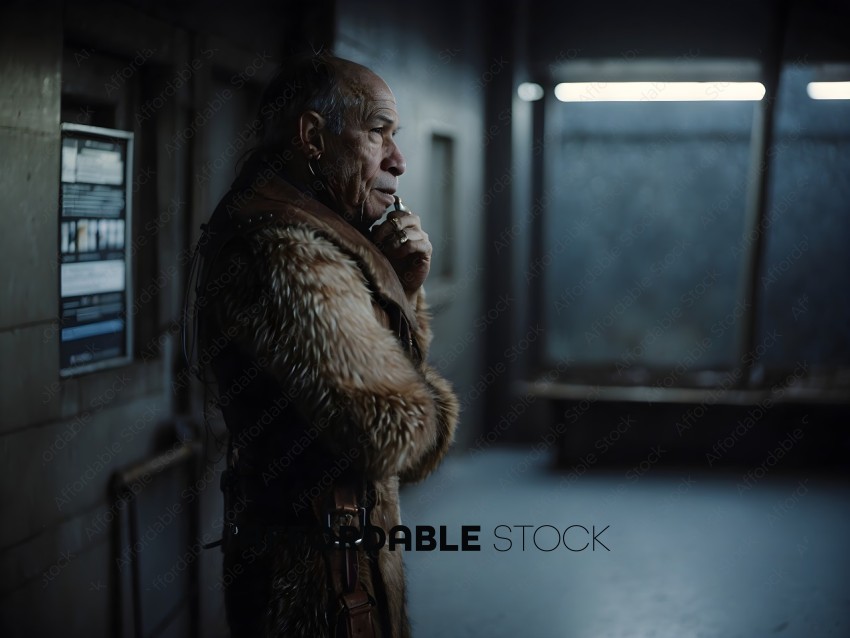 Old Man in Fur Coat Thinking