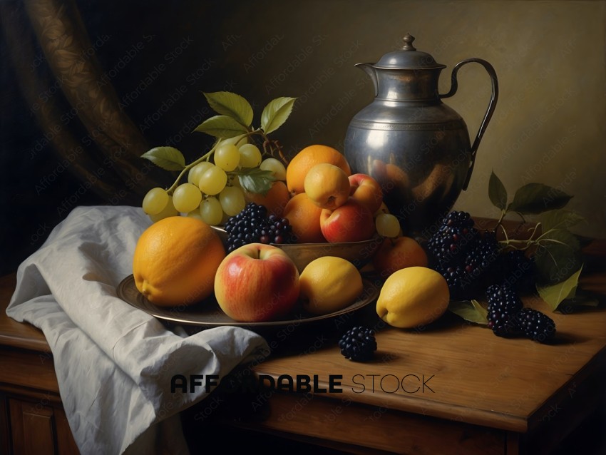 A table with a variety of fruits and a silver pitcher