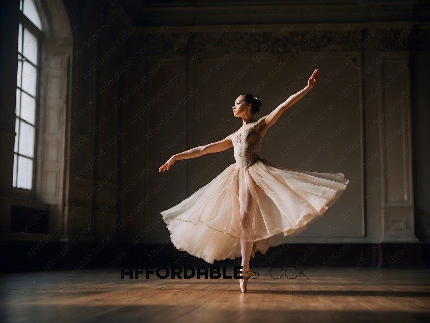 A ballerina in a white tutu and pink tights dances in a darkened room