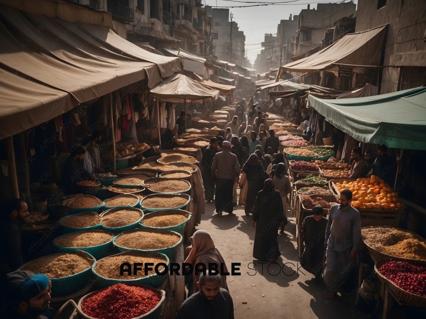 People walking through a market with food