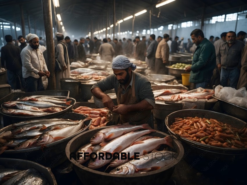 Man in Apron Preparing Fish in Market