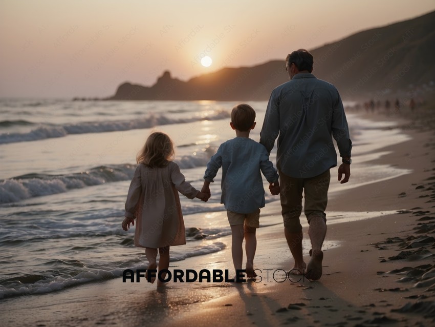 A family of three walking on the beach at sunset