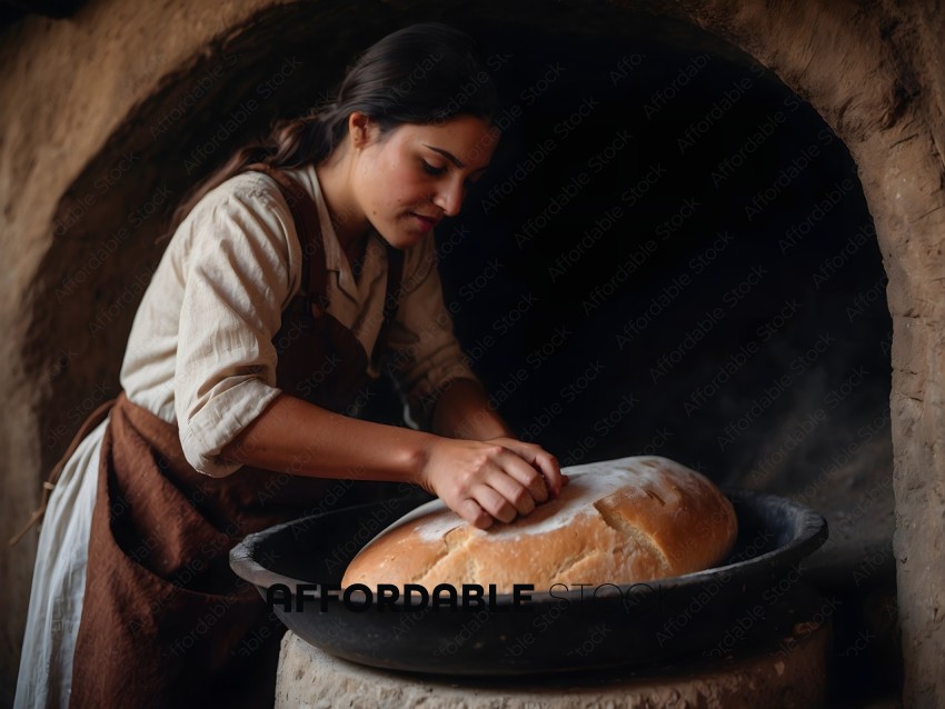 A woman kneads bread dough in a stone oven