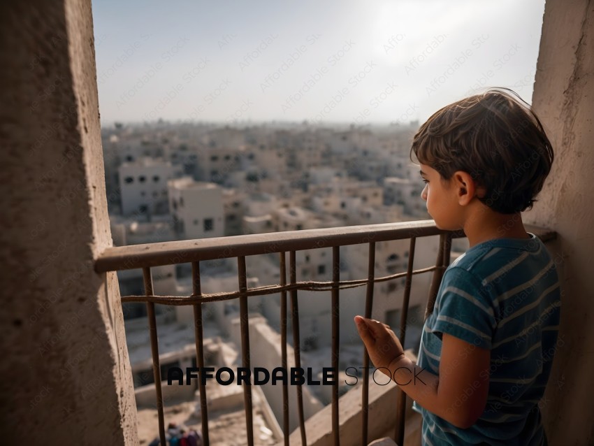 A young boy looking out over a city